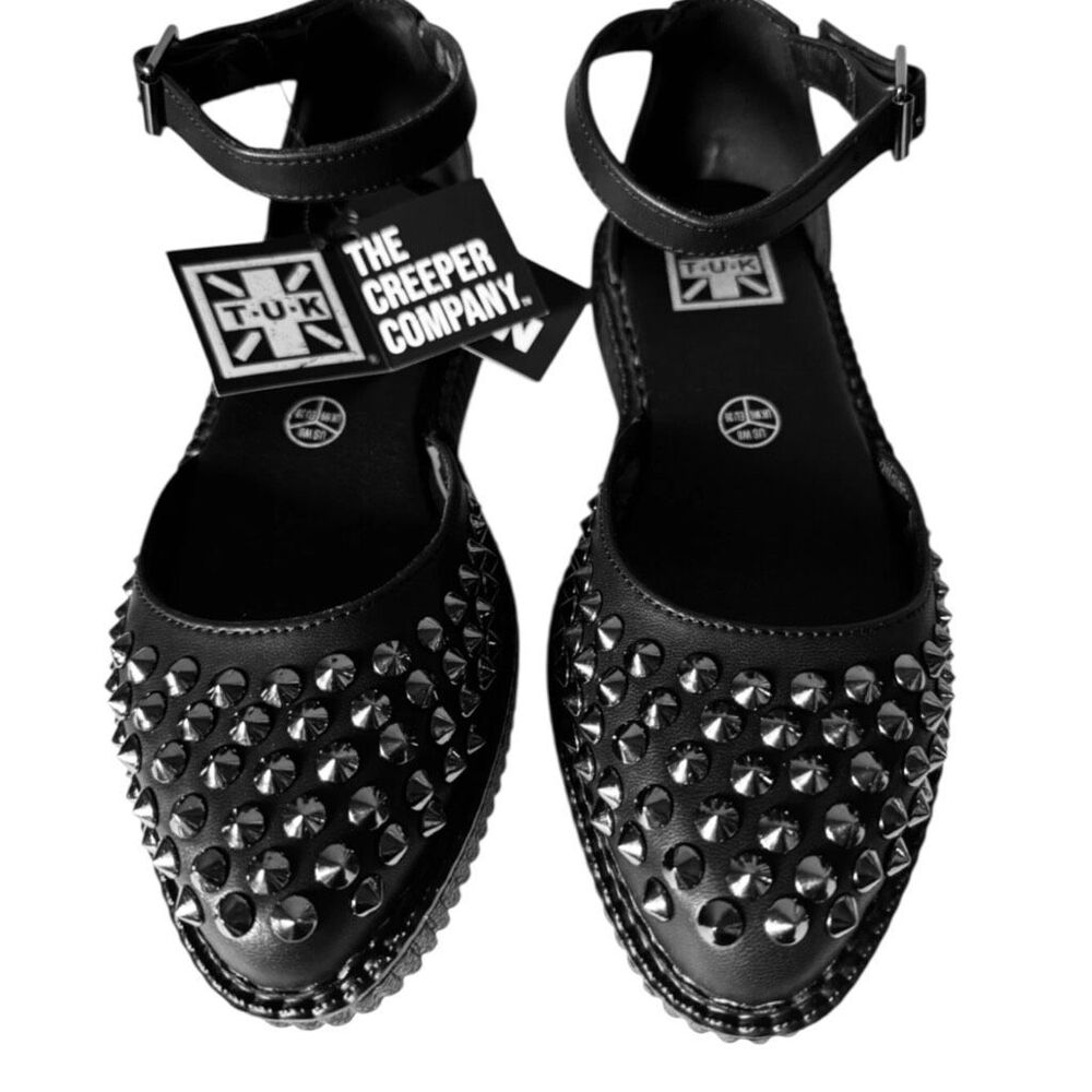 TUK Black Goth Spiked Pointed Toe Platform Mary Jane’s Ankle Buckle Sz 9 NWOB